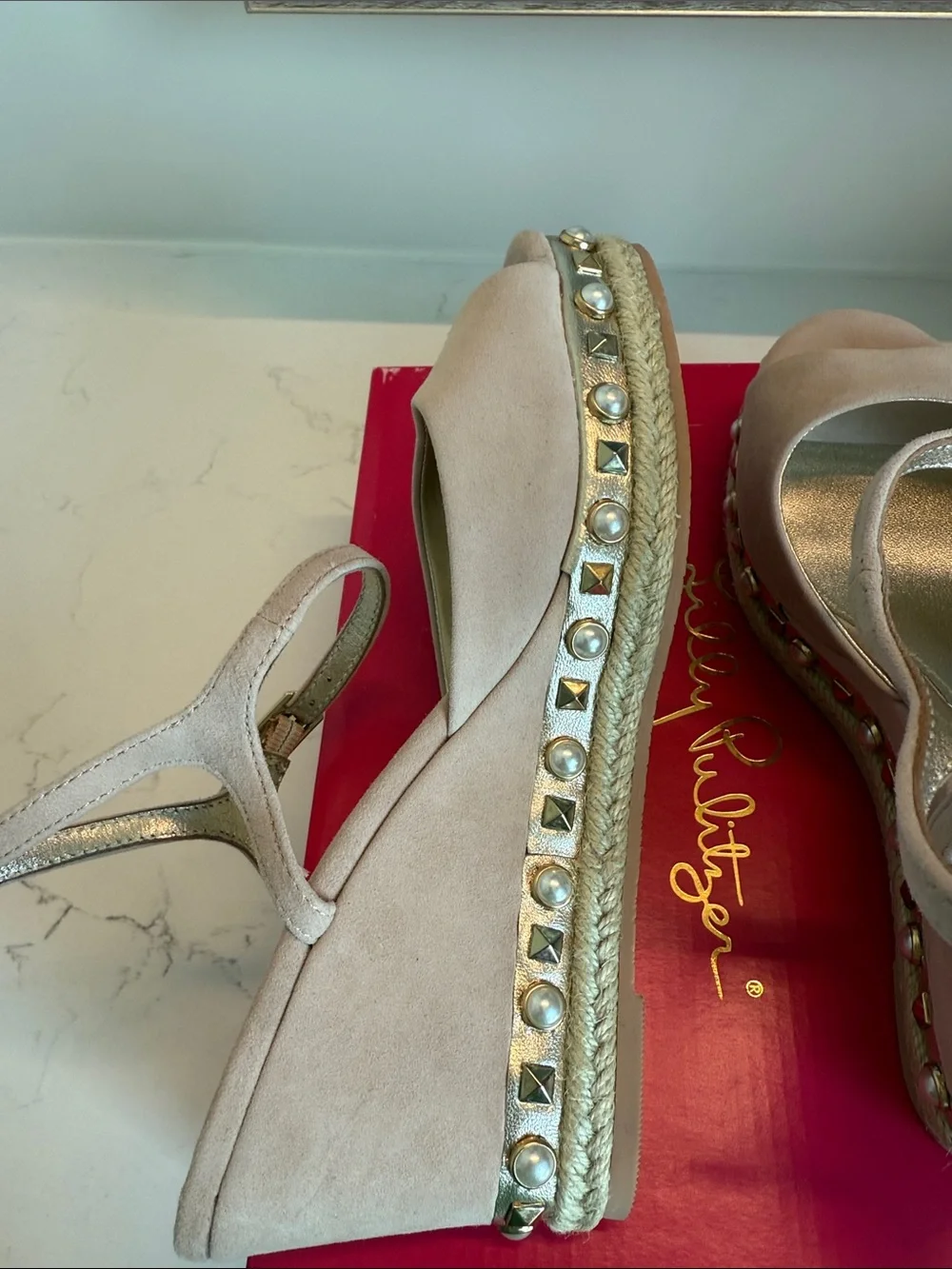 Suede Pearl-Stud Wedge Sandals - Blush